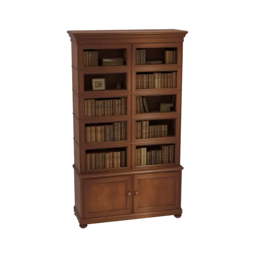 3D модель классического деревянного книжного шкафа с множеством полок, заполненных книгами, и шкафом с двойными дверцами в ос