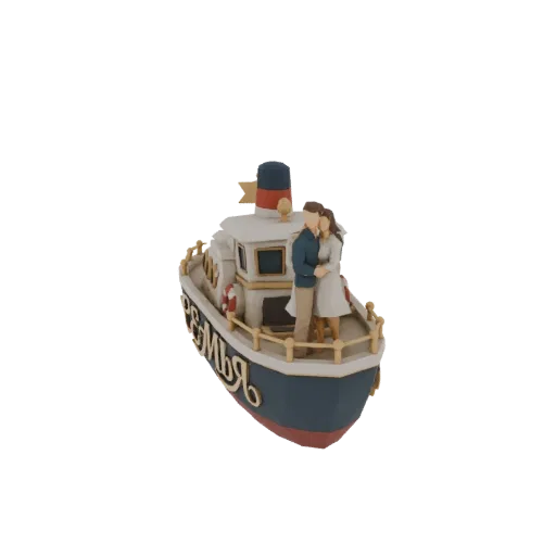 Низкополигональная 3D модель пары, обнимающейся на палубе сине-белого буксира с названием 'Ranger' на борту.