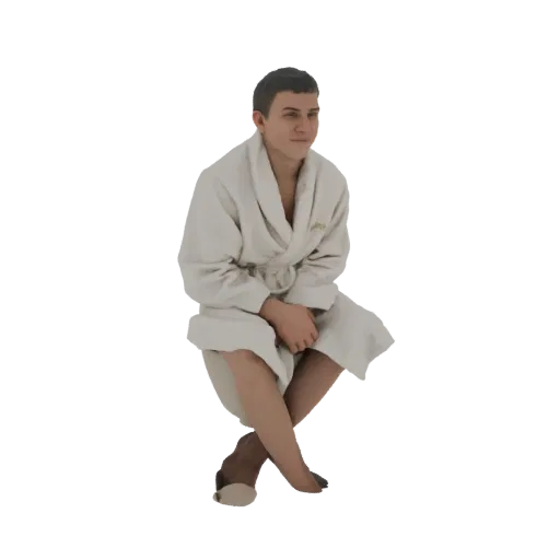 3D модель молодого мужчины, сидящего в белом халате, со скрещенными ногами и руками на коленях.