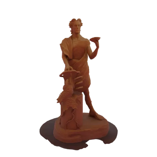 3D модель классической мужской фигуры со спокойным выражением лица, держащей чашу и стоящей рядом с пьедесталом с виноградом.