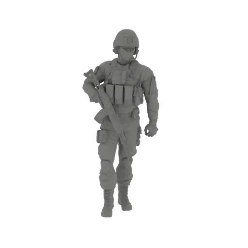 3D модель современного солдата в тактическом снаряжении с винтовкой, рендер в сером цвете.