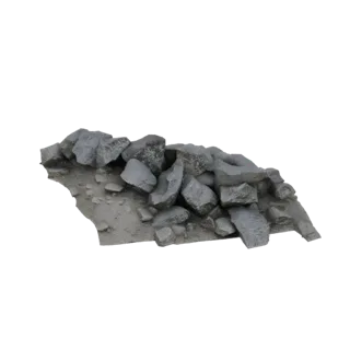 3D модель кучи серого щебня на песчаном основании, с острыми краями и разнообразными текстурами.