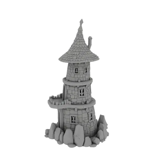 3D рендер причудливой каменной башни волшебника с конической черепичной крышей и скалистым основанием на темном фоне.