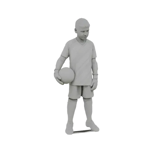 3D модель юного футболиста в форме вратаря с футбольным мячом, рендер в сером цвете.