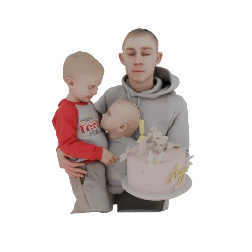 3D модель семьи, празднующей день рождения, с мальчиком, целующим младенца рядом с розовым тортом.