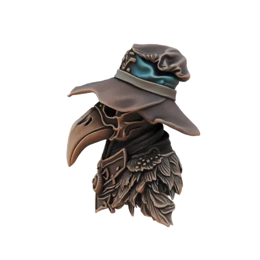 3D модель шляпы и маски чумного доктора, с широкополой шляпой и бирюзовой лентой, и детализированной маской в виде птицы с дл
