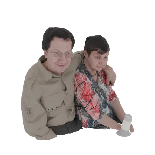 3D модель мужчины в очках и женщины в объятиях, оба смотрят на портативное устройство.