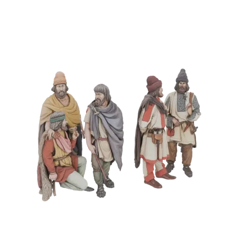 3D модель четырех древних славянских воинов в исторической одежде, в группе.