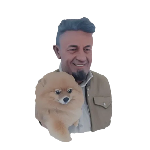 3D модель улыбающегося мужчины с бородкой, держащего пушистого померанского шпица, в стилизованном виде коллекционной фигурки