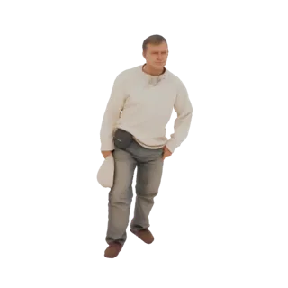 3D модель мужчины в кремовом свитере и серых джинсах, держащего белую шляпу, в непринужденной позе.
