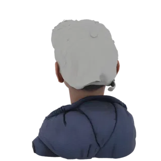 Вид сзади 3D модели мальчика в синем пуховике и серой кепке.