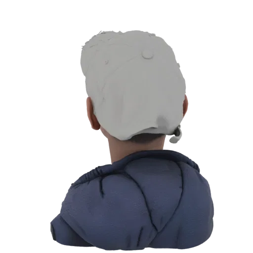 Вид сзади 3D модели мальчика в синем пуховике и серой кепке.