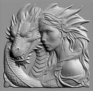 3D модель барельефа с изображением прекрасной девушки, смотрящей в профиль, рядом с головой дракона.