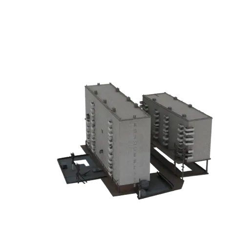 3D модель двух серых многоэтажных советских домов с балконами на белом фоне.