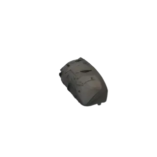 3D модель шероховатого серого осколка астероида с текстурой, покрытой ямами и кратерами, на черном фоне.