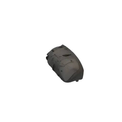 3D модель шероховатого серого осколка астероида с текстурой, покрытой ямами и кратерами, на черном фоне.