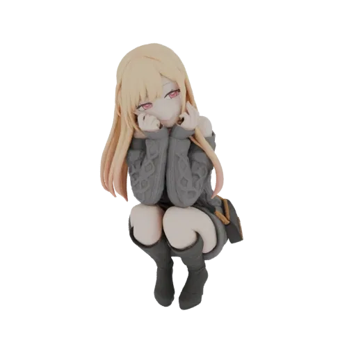 3D модель блондинки аниме-девушки с розовыми глазами, в сером вязаном свитере и черных ботинках, сидящей в стеснительной, уют