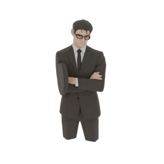 3D модель бизнесмена в костюме и очках, со скрещенными руками, на белом фоне.