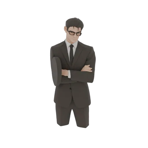3D модель бизнесмена в костюме и очках, со скрещенными руками, на белом фоне.