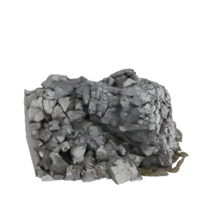3D модель суровой, трещиноватой скальной породы с детализированными текстурами и острыми углами на белом фоне.