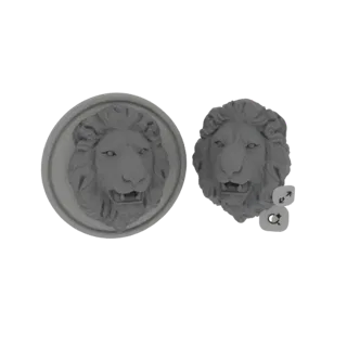 3D model preview of a lion head relief medallion and a separate lion head bust, both in a neutral grey material.