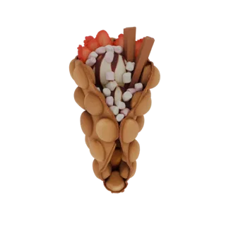 3D модель баббл-вафли с ванильным мороженым, нарезанной клубникой, мини-маршмеллоу и шоколадными палочками.