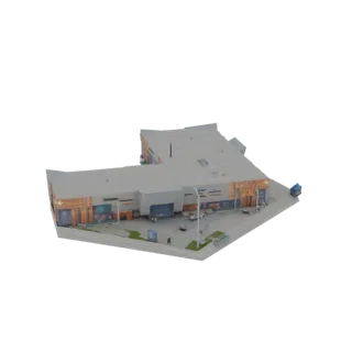 3D модель современного коммерческого здания с погрузочными доками и гаражными воротами, вид под небольшим углом сверху.