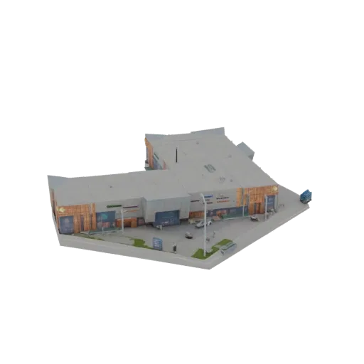 3D модель современного коммерческого здания с погрузочными доками и гаражными воротами, вид под небольшим углом сверху.