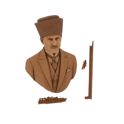 3D модель бюста Мустафы Кемаля Ататюрка в османском тюрбане и костюме, с декоративным основанием и элементом.