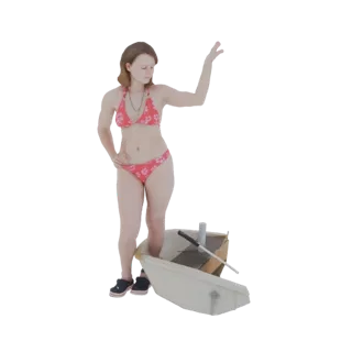 3D модель женщины в красном цветочном бикини, стоящей в белой ванне с веслом.