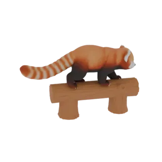 3D модель красной панды с полосатым хвостом, стоящей на деревянном бревне, вид сбоку.