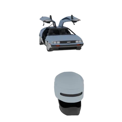 3D-рендер светло-голубого DeLorean DMC-12 с открытыми дверями "крыло чайки" и серым шлемом Робокопа на черном фоне.