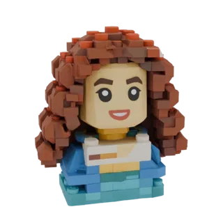 3D model of a Lego-style bust with voluminous curly red hair, a light tan face, and a blue and yellow outfit.
