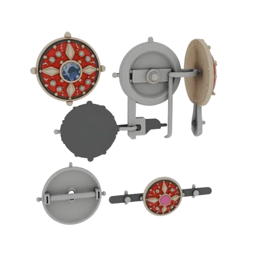 Золотая винтажная декоративная булавка 3D-модель, вид три четверти спереди, рендер студии AR-просмотрщика, золотистая отделка