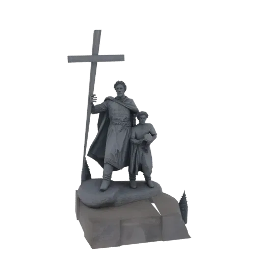3D модель памятника Святому Владимиру и князю Ярославу, показывающая мужчину с крестом и мальчика, стоящих на скалистом основ