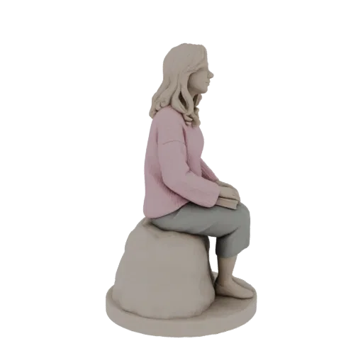 3D модель девочки в розовом свитере, сидящей на камне и читающей книгу, вид сбоку.