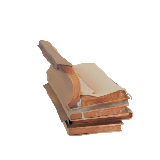 3D модель стопки четырех старых книг с потертыми страницами и обложками, вид под небольшим углом.