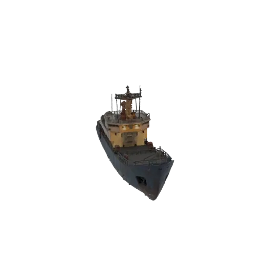 3D модель сине-желтого контейнеровоза с видимыми грузовыми контейнерами на палубе на черном фоне.