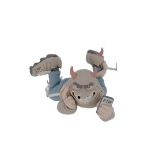 3D модель чертенка с рогами, в джинсах и куртке, держащего смартфон и сигарету, с глиноподобной текстурой.