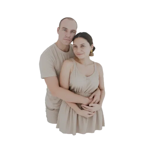 3D модель мужчины и женщины в объятиях, мужчина обнимает женщину, мягкое естественное освещение.