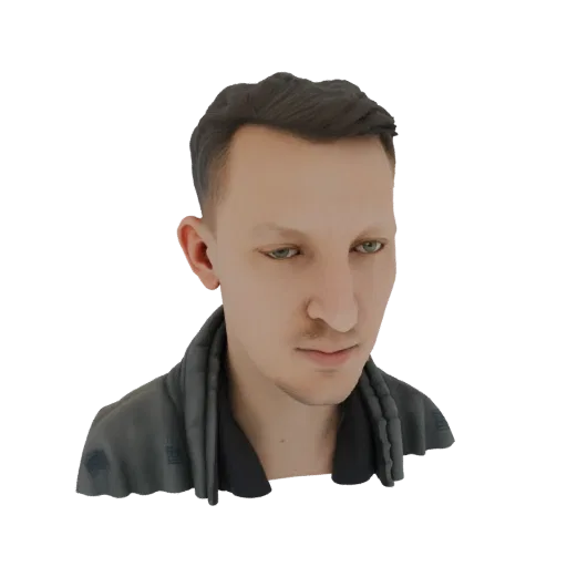 Рендер 3D модели мужчины с короткими каштановыми волосами и зелеными глазами, в серой куртке, смотрящего вниз.