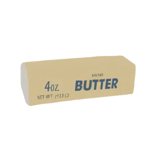 3D модель пачки масла с оберткой, показывающая надпись '4oz BUTTER'.