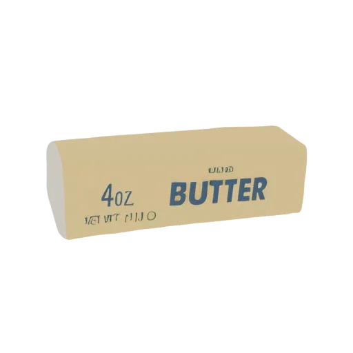 3D модель пачки масла с оберткой, показывающая надпись '4oz BUTTER'.