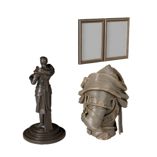 Высокополигональная 3D-модель фэнтезийной абстрактной скульптуры, показывающая силуэт, студийный вид крупным планом