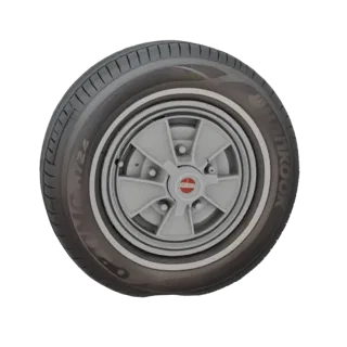 3D model of a classic car wheel with a silver 5-spoke rim, a black tire with a white stripe, and a red emblem on the hub.