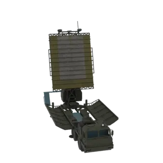 3D модель мобильной РЛС с большой фазированной антенной на военном грузовике на белом фоне.