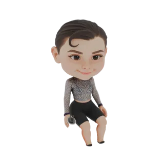 3D-модель чиби-фигурки с большими глазами, в укороченном топе с леопардовым принтом и черных шортах, сидит непринужденно.