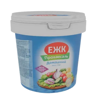 3D модель синей банки майонеза с белой крышкой, с этикеткой с красными и зелеными акцентами и иллюстрацией овощей.