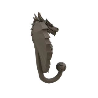3D-модель серой головы дракона с открытой пастью и острыми зубами, служащая настенным крючком с текстурированным шариком на к
