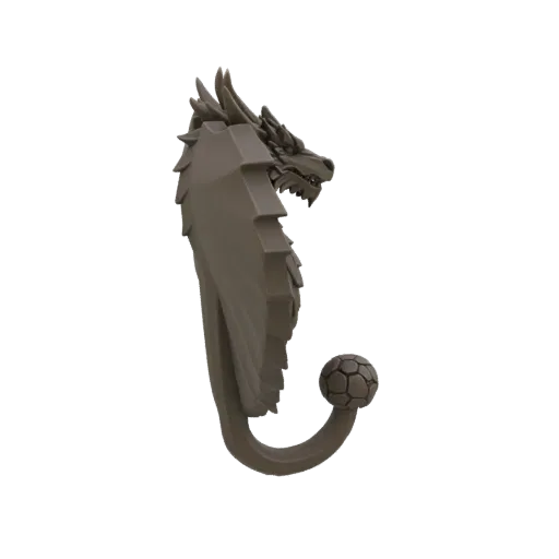 3D-модель серой головы дракона с открытой пастью и острыми зубами, служащая настенным крючком с текстурированным шариком на к